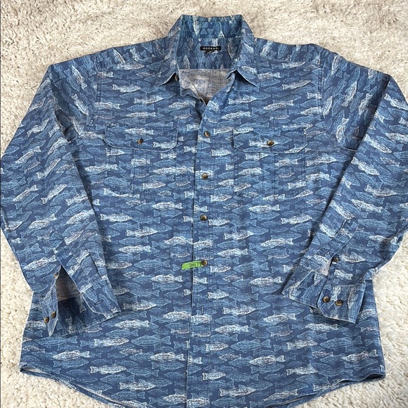 George Men's Blue Fish Pattern 100% Cotton Button Up Shirt, Blue/White, Size LG - Picture 1 of 9